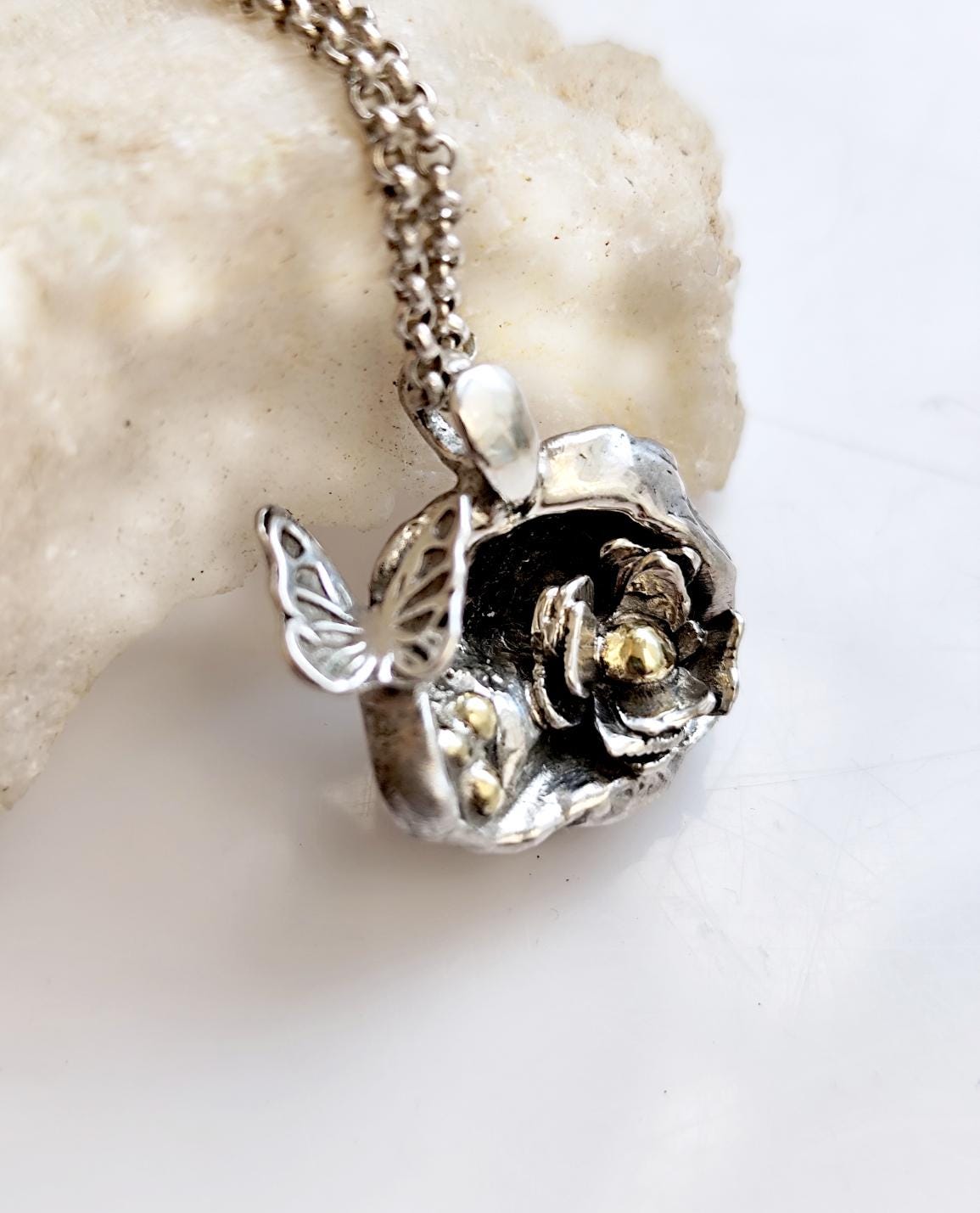 Water Cast Silver Pendant with Butterfly and Flower Cave, Unique Silver Amulet, Organic Pendant Necklace in Sterling Silver, Gift for Her