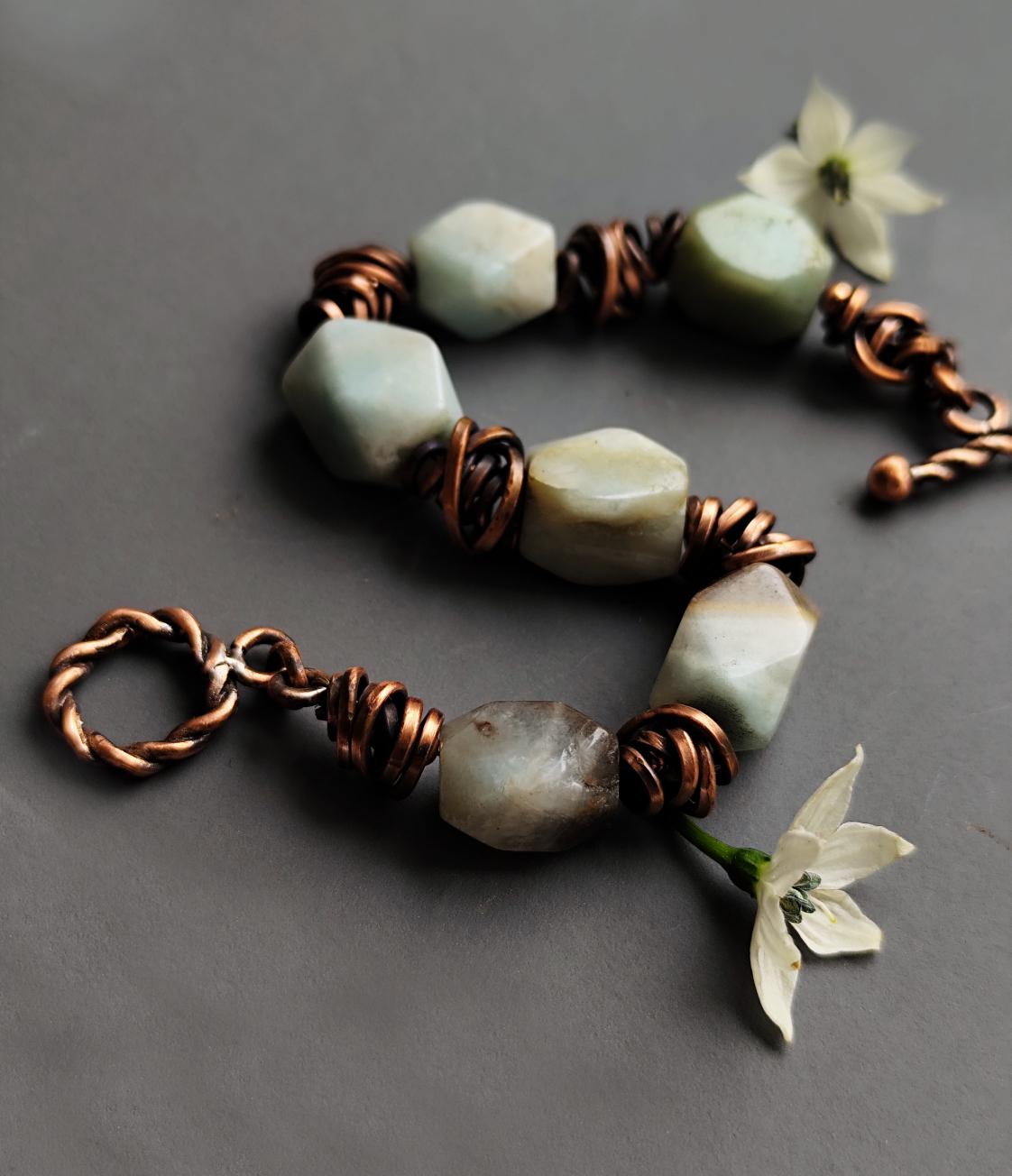 Chunky Amazonite Bracelet Wire Wrapped Rustic Copper Details
