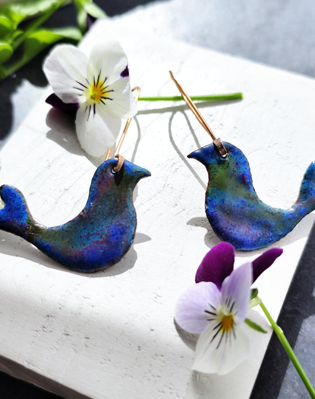 Blue Enamel Bird Earrings with Long Copper Hooks