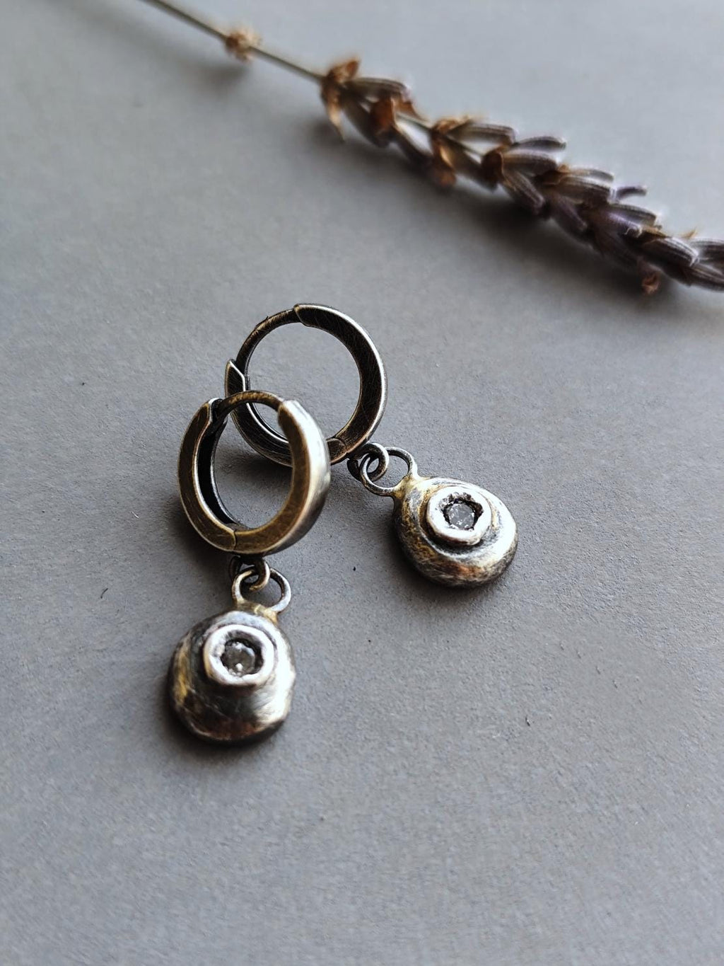 Small Rustic Hoop Earrings with Melted Silver Charm with Clear Zircon