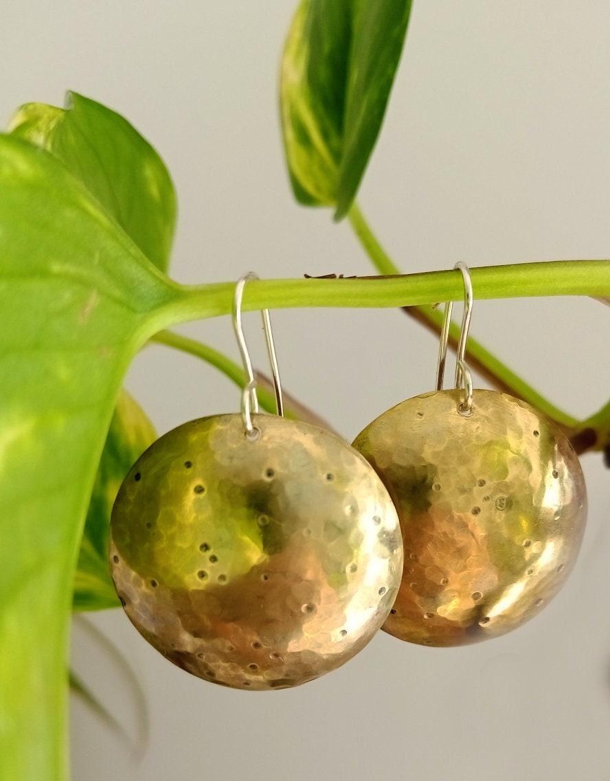 Hammered Brass Earrings with Textured Concave Discs & Silver Hooks or Studs