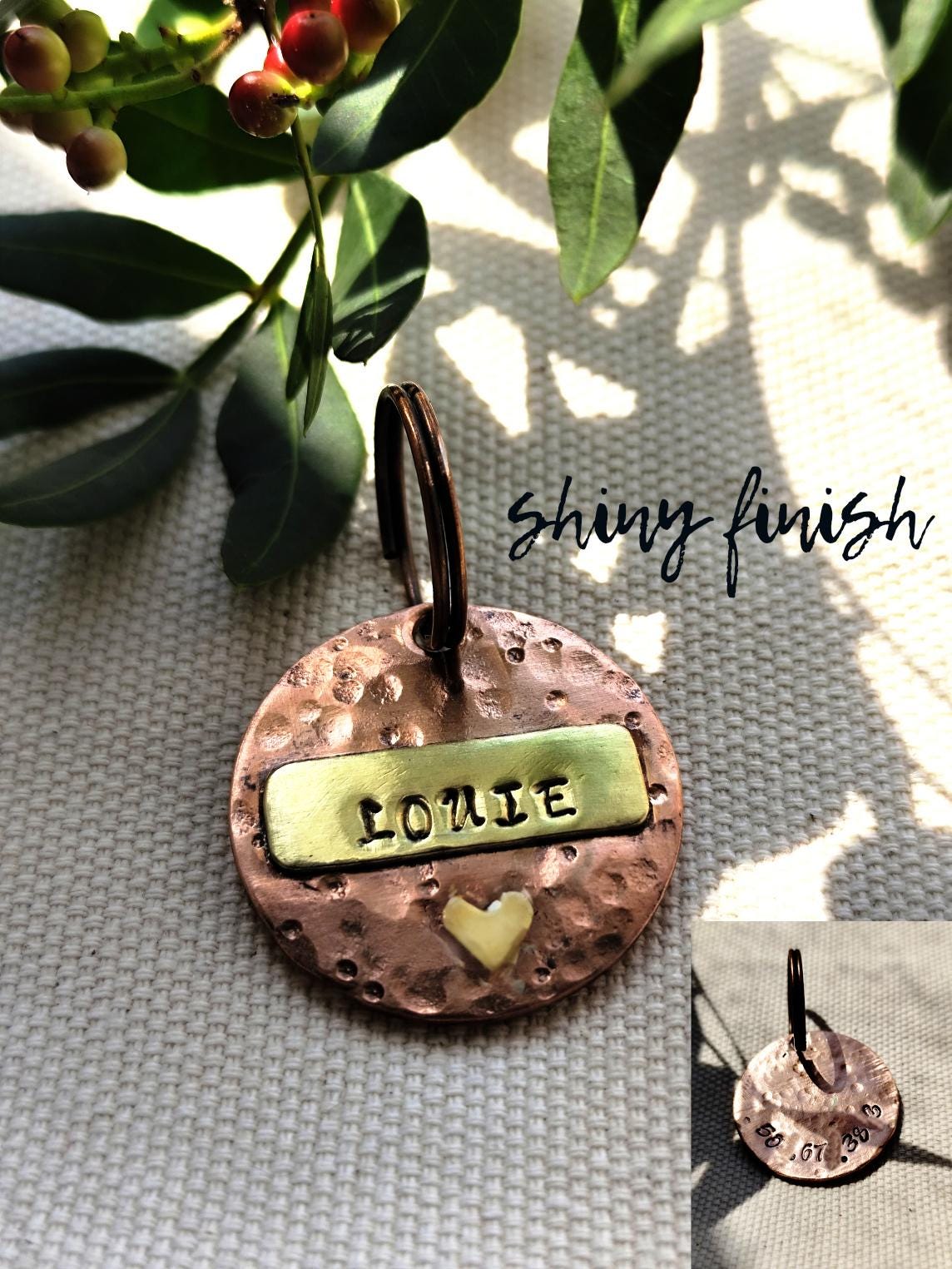25mm Copper & Brass Pet ID with Heart Detail in Rustic or Shiny Finish - for Medium Size Pets/Key-rings