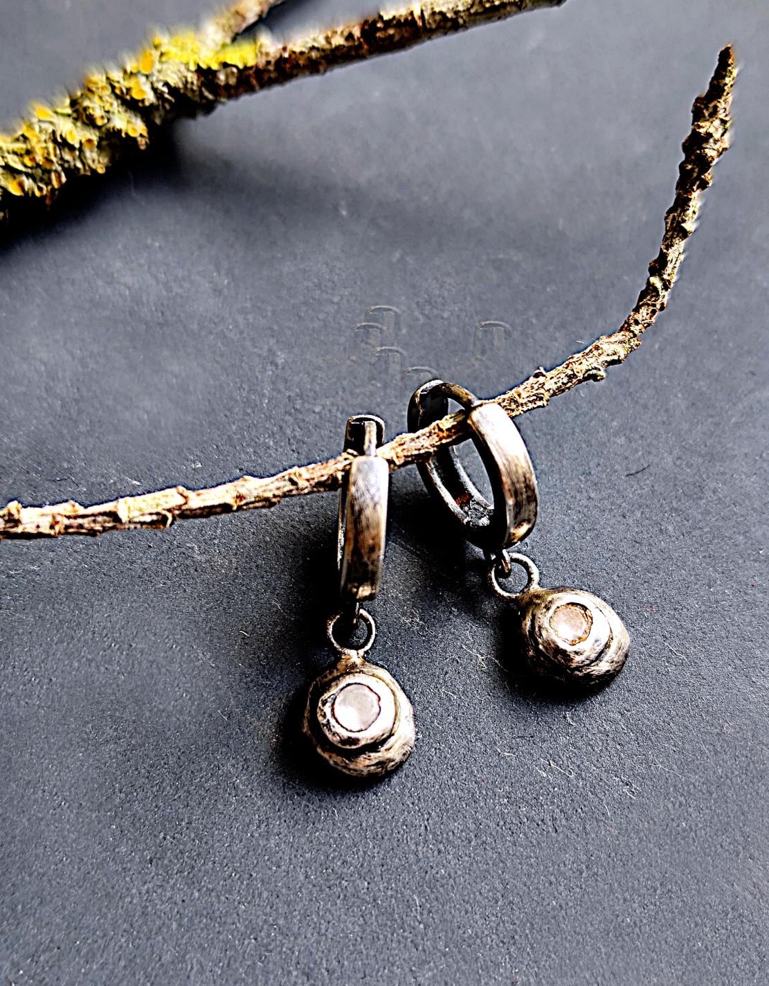 Small Rustic Hoop Earrings with Melted Silver Charm with Clear Zircon