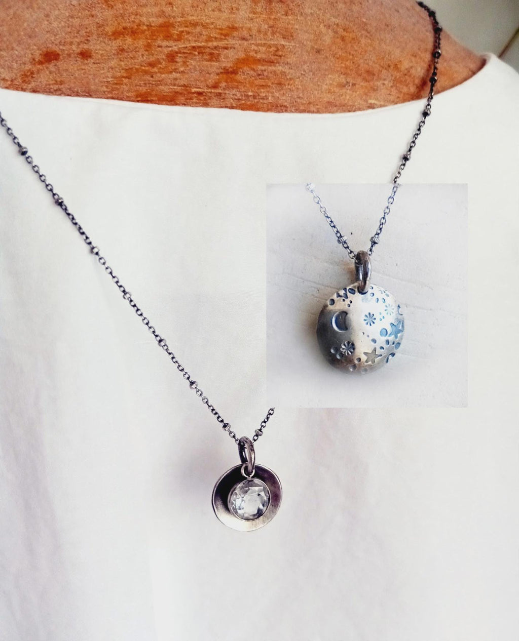 Starry Night Pendant with Crystal Quartz in Sterling Silver - Double Sided 2 Pieces Pendant with Dainty Chain Necklace