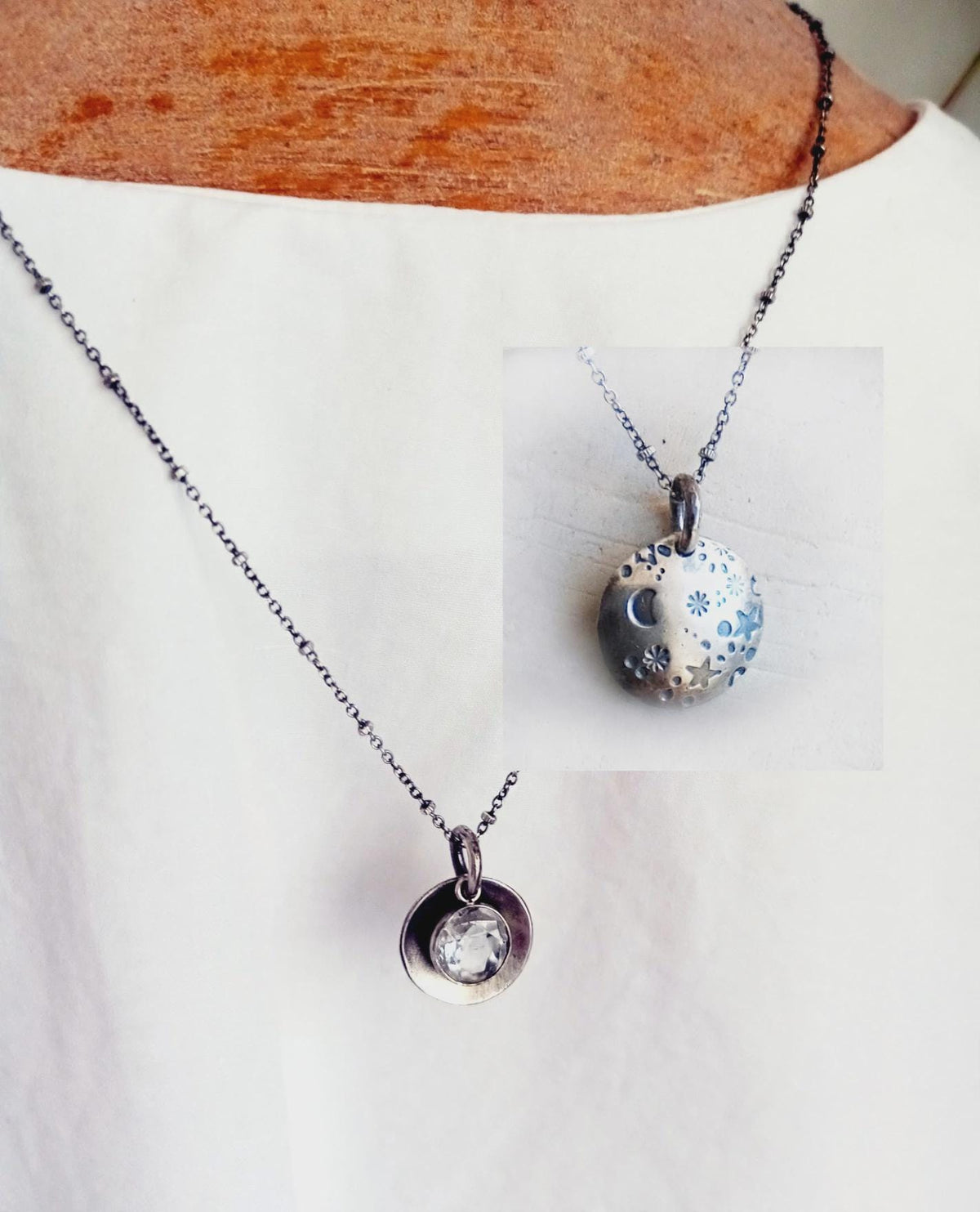 Starry Night Pendant with Crystal Quartz in Sterling Silver - Double Sided 2 Pieces Pendant with Dainty Chain Necklace
