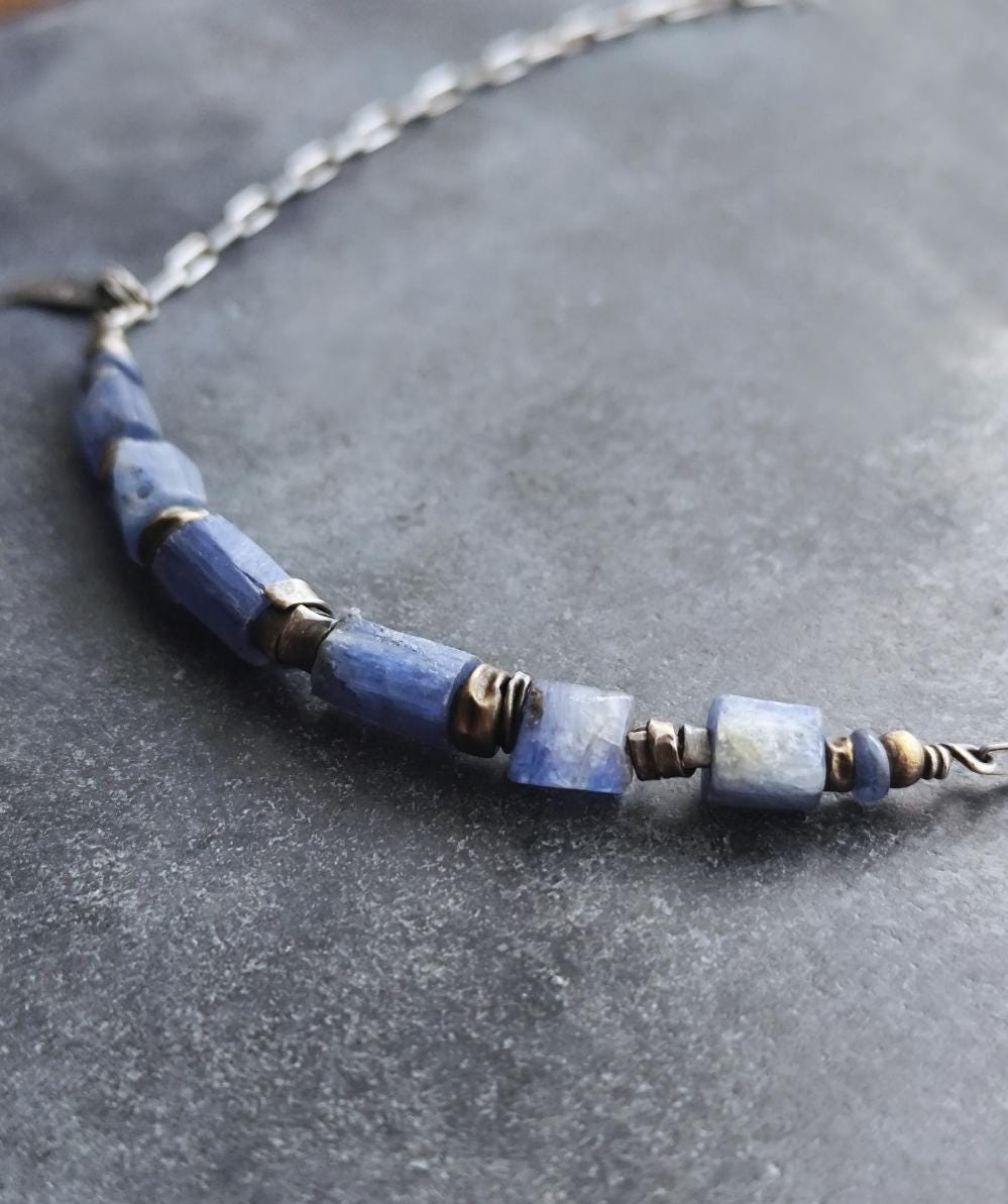 Artisan Raw Silver Necklace with Blue Kyanite, Oxidized Sterling Silver Jewellery, Chain Necklace with Kyanite Bar, Denim Blue Necklace 925