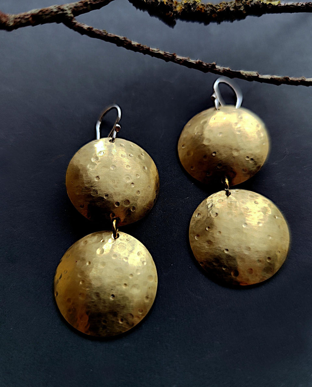 Double Circle Brass Earrings with Silver French Hooks