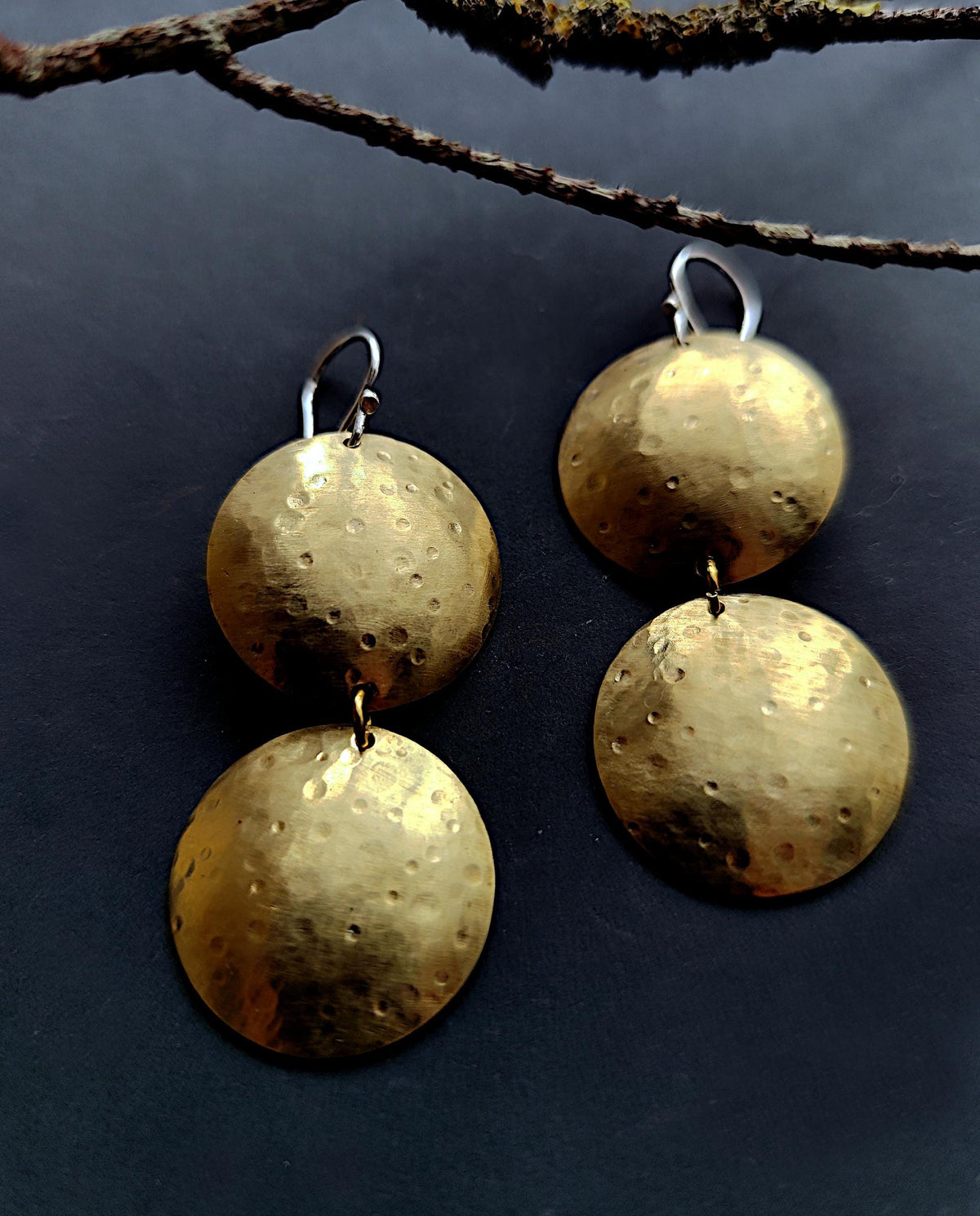 Double Circle Brass Earrings with Silver French Hooks