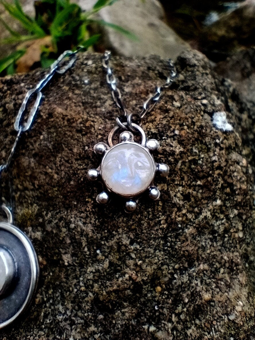 Small Moonstone Face Pendant Silver Amulet Necklace