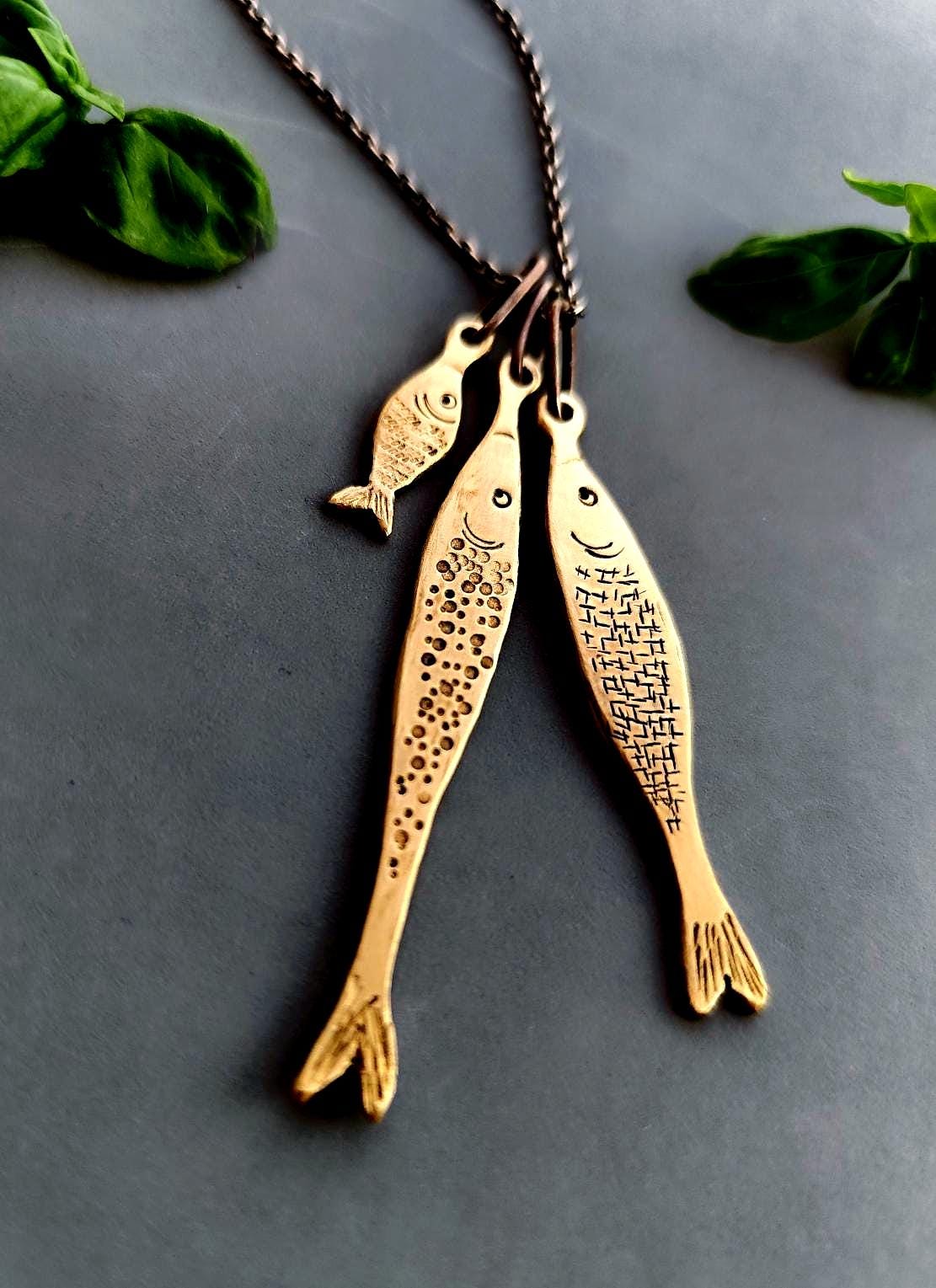Fish Pendant in Golden Brass - 3 Sardines Stack Necklace