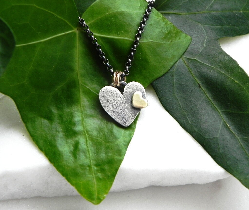 Heart Pendant - Two Hearts United - Artisan Sterling Silver & Brass Necklace in Antiqued Silver
