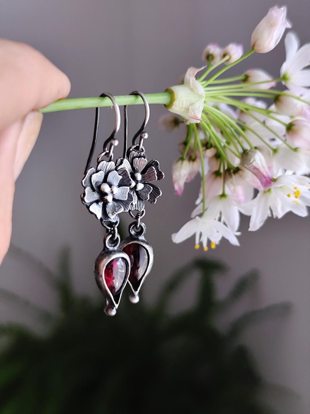 Floral Garnet Drop Earrings in Antiqued Sterling Silver