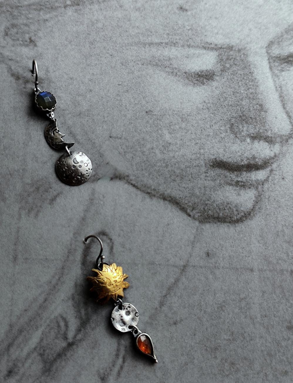 Moon and Sun Earrings with Orange Kyanite and Flashy Blue Labradorite