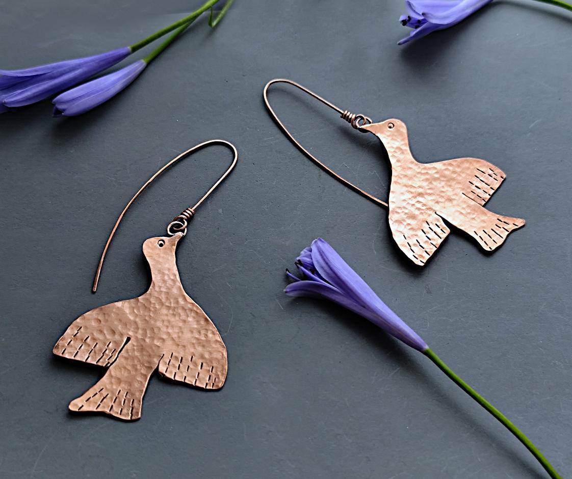 Rustic Bird Earrings in Pure Brass / Copper / Silver with Hammered Texture