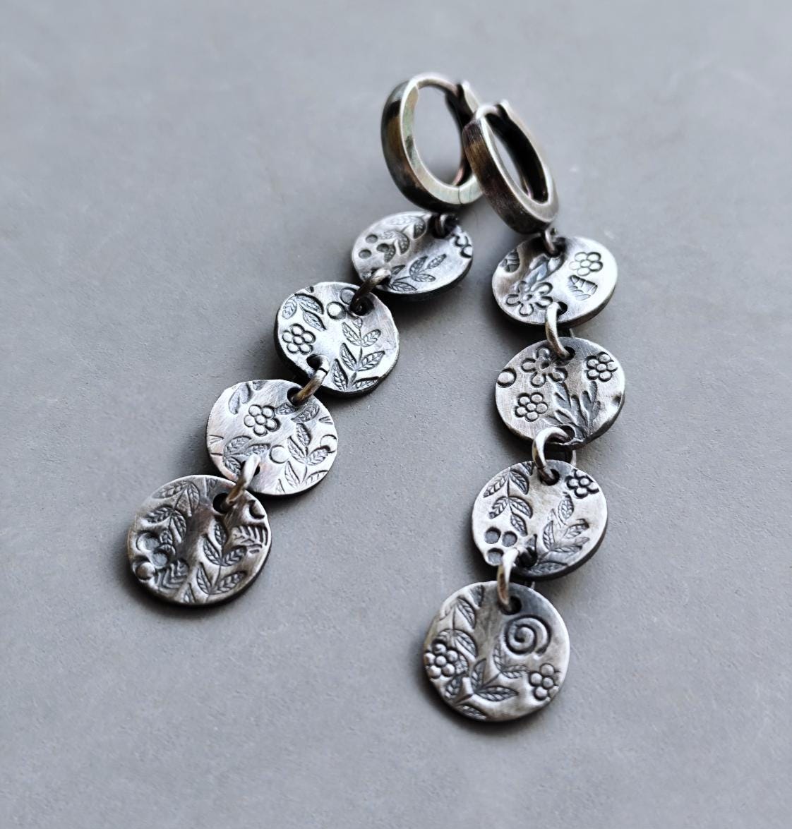 Textured Floral Detail Hoop Earrings with Stamped Coins