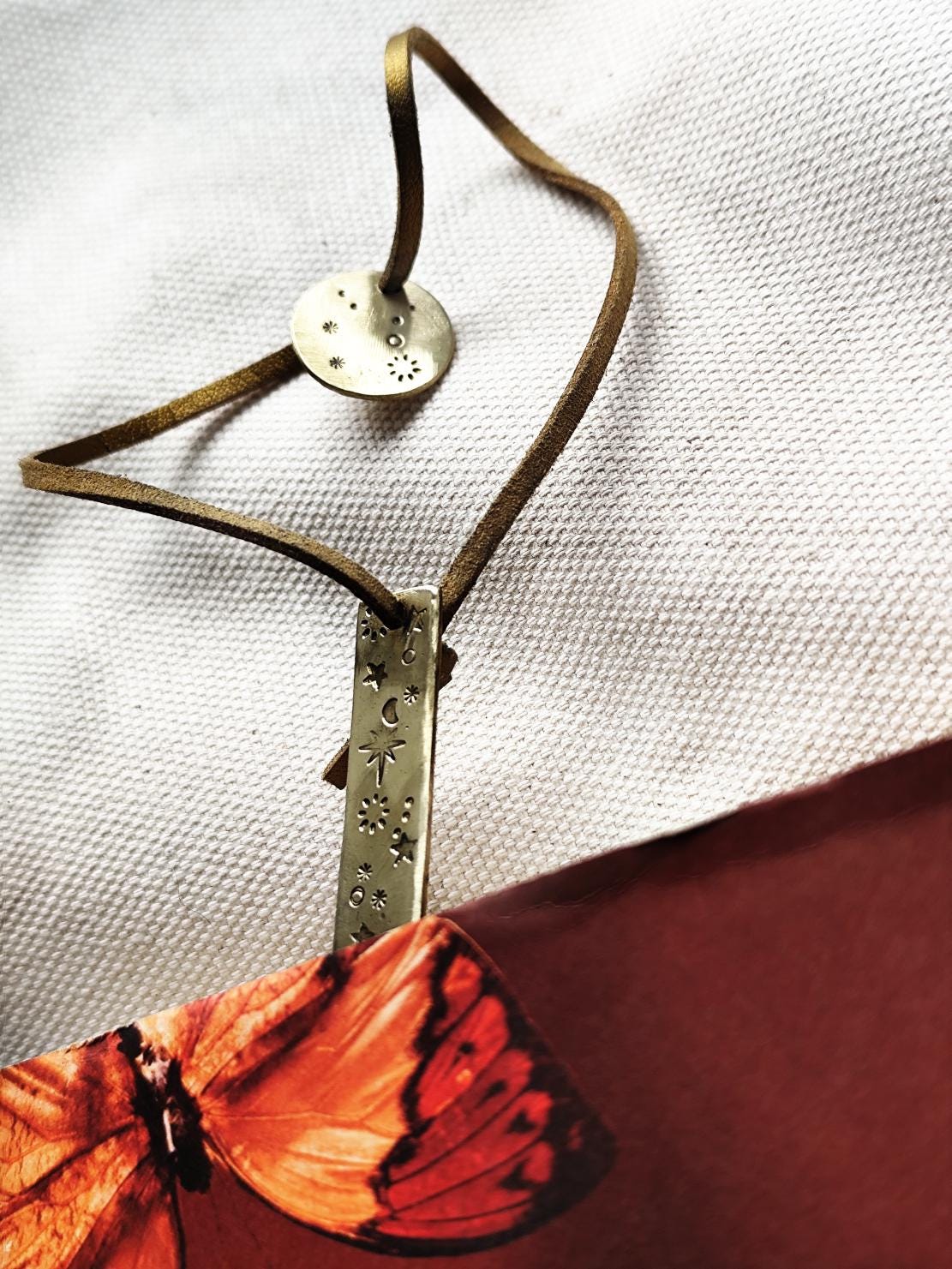 Personalized Golden Brass Bookmark with Celestial & Star Details Stamped Texture  + Tag with Custom Zodiac Constellation