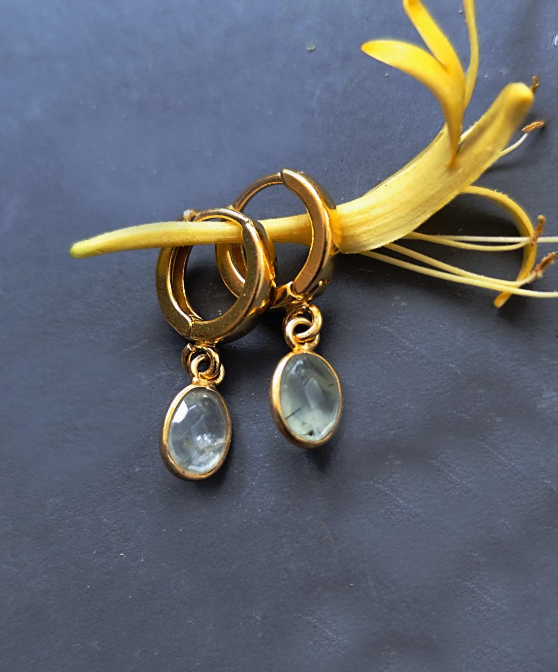 Tiny Golden Prehnite Hoops, Gold Plated Sterling Earrings Light Green Gemstone Charm, Huggies with Prehnite, Prom Earrings, Gold Huggies