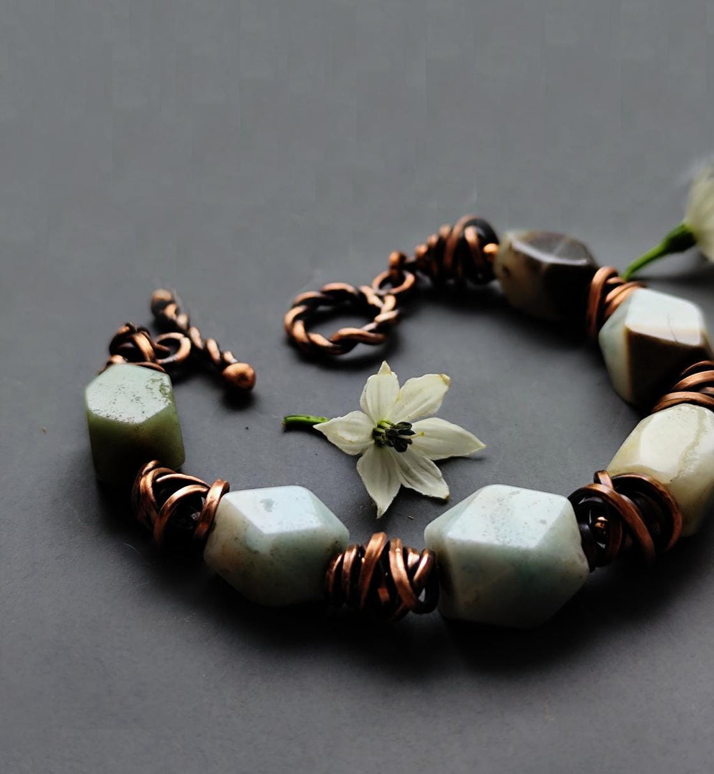 Chunky Amazonite Bracelet Wire Wrapped Rustic Copper Details