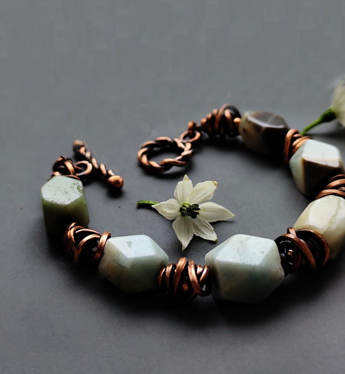 Chunky Amazonite Bracelet Wire Wrapped Rustic Copper Details