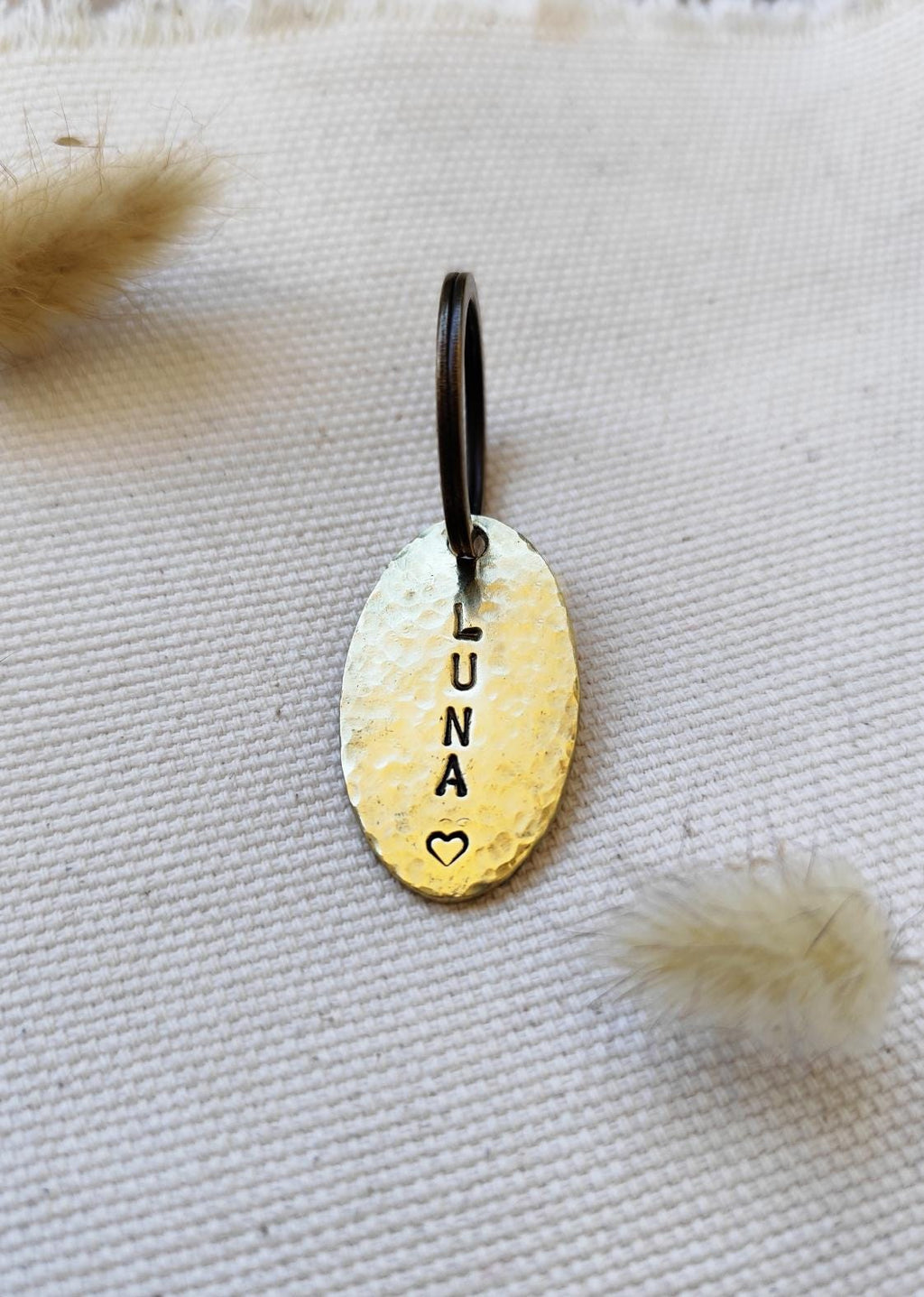Hammered Texture Brass Oval ID Tag - Personalized Pet Tag / Key-ring Detail