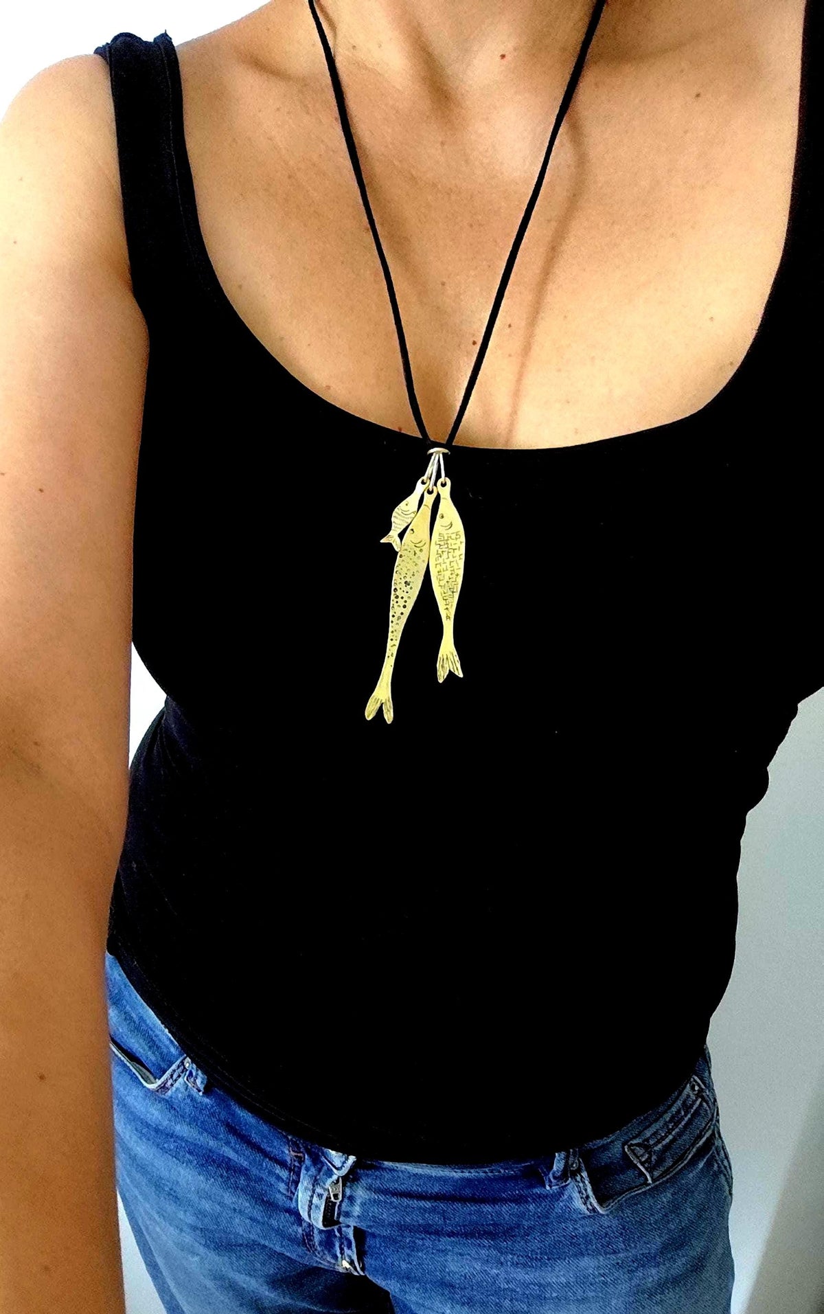 Fish Pendant in Golden Brass - 3 Sardines Stack Necklace