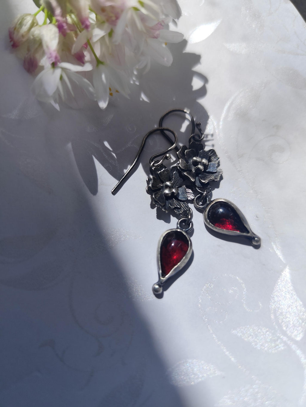 Floral Garnet Drop Earrings in Antiqued Sterling Silver