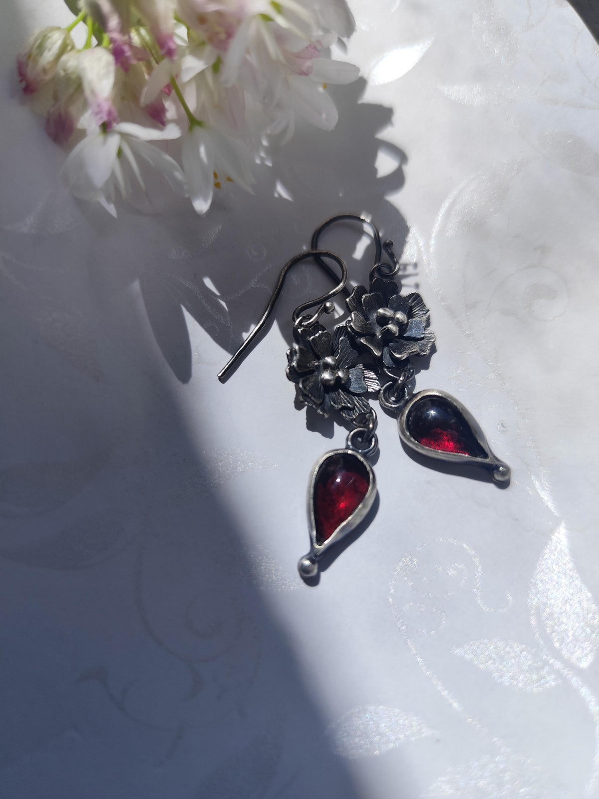 Floral Garnet Drop Earrings in Antiqued Sterling Silver