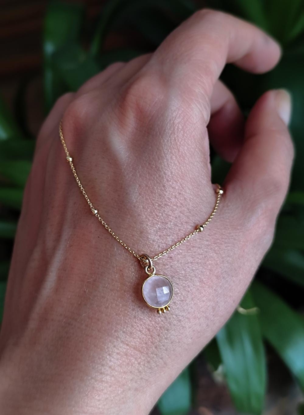 Dainty Rose Quartz Charm Necklace Gold Plated Sterling Silver