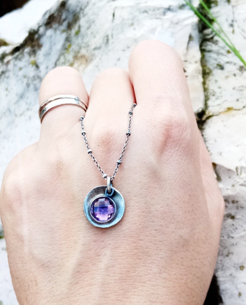 Starry Night Pendant with Crystal Quartz in Sterling Silver - Double Sided 2 Pieces Pendant with Dainty Chain Necklace