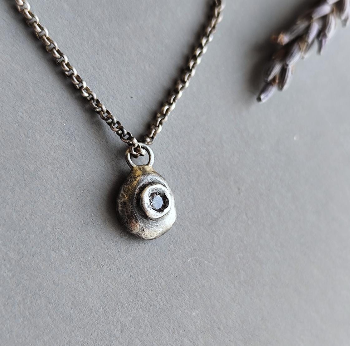 Raw Silver Pebble Necklace with Zircon Crystal, Small Charm Necklace Silver .925, minimal Brutalist Silver Jewellery for Him and Her