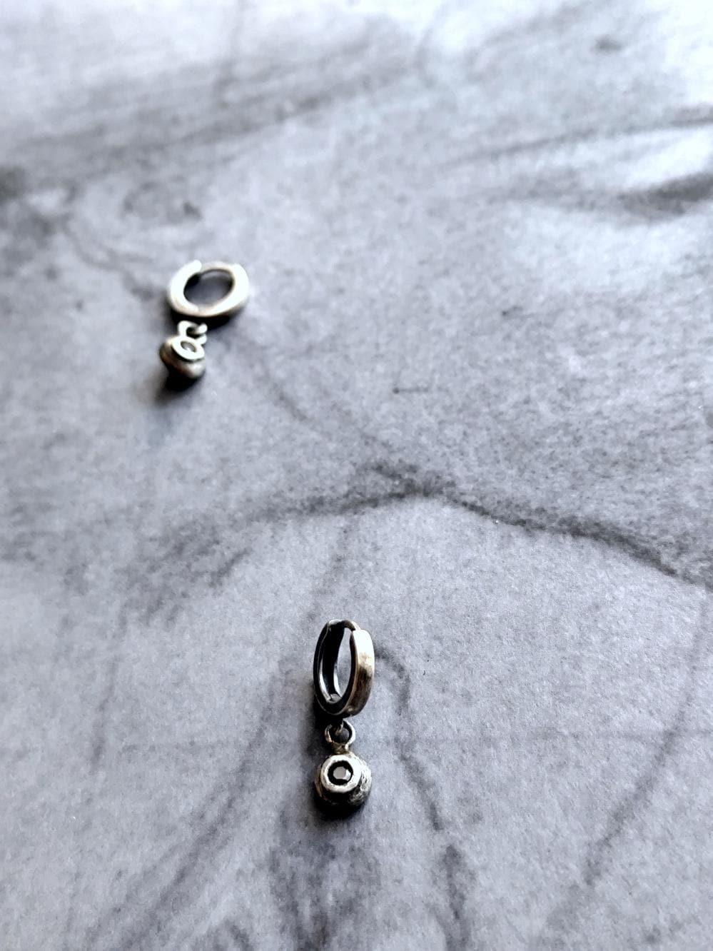 Small Rustic Hoop Earrings with Black Moissanite Charm
