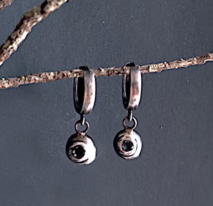 Small Rustic Hoop Earrings with Black Moissanite Charm