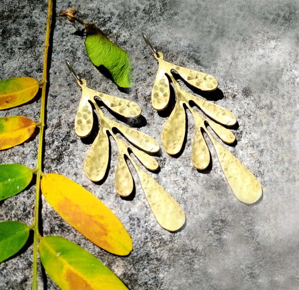 Long Brass Leaf Earrings, Textured Finish Brass Earrings, Brass Dangle Earrings with Sterling Hook/Post, Gold Floral Brass Earrings