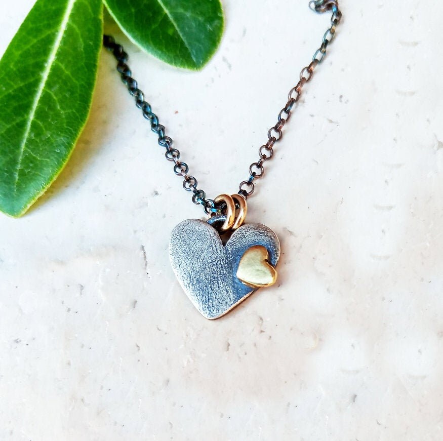 Heart Pendant - Two Hearts United - Artisan Sterling Silver & Brass Necklace in Antiqued Silver