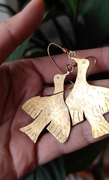 Rustic Bird Earrings in Pure Brass / Copper / Silver with Hammered Texture