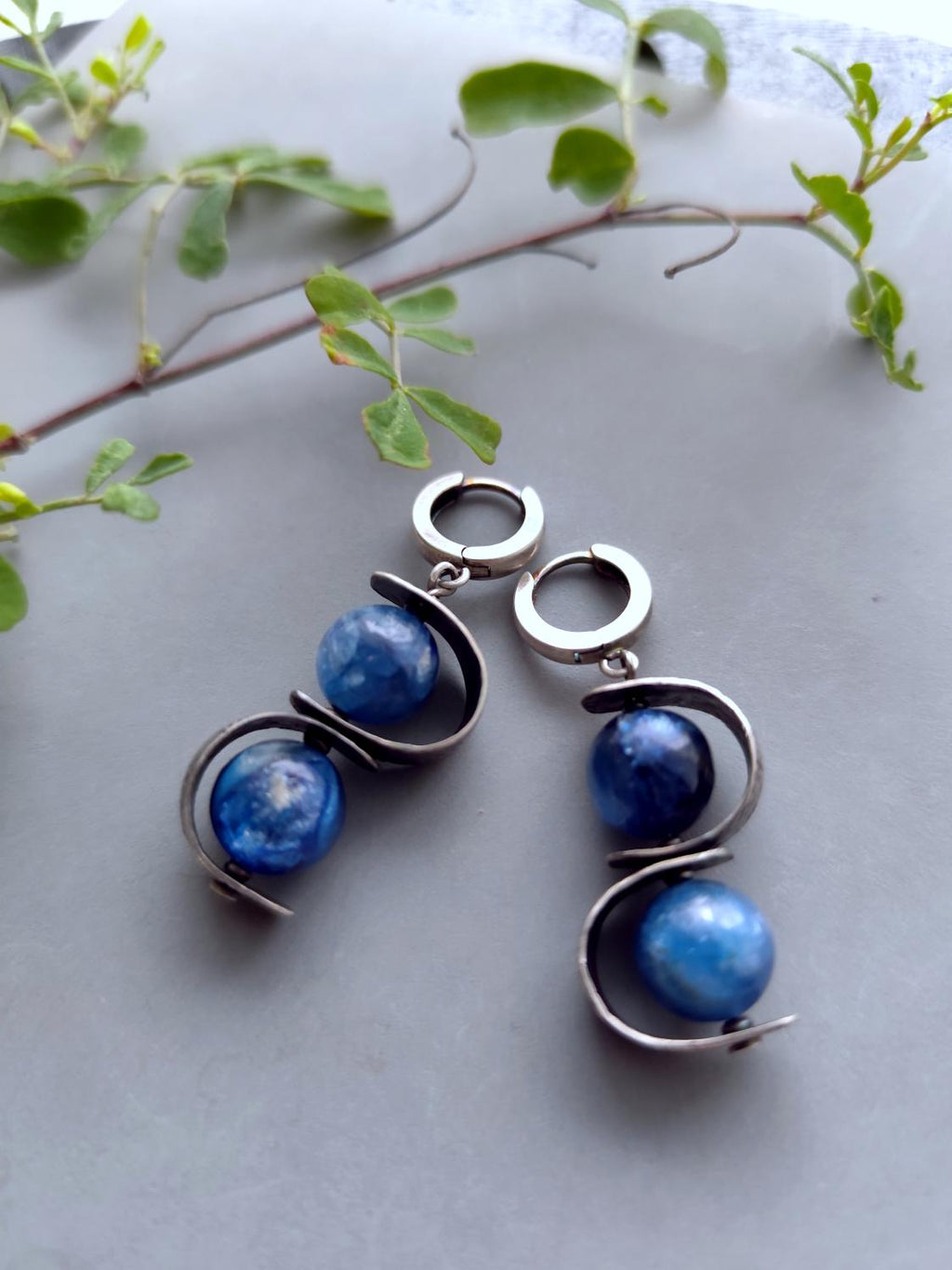 Rustic Texture Blue Kyanite Hoop Earrings with Orbital Geometrical Detail - OOAK Modern Silver Earrings Genuine Denim Blue Gemstone .925