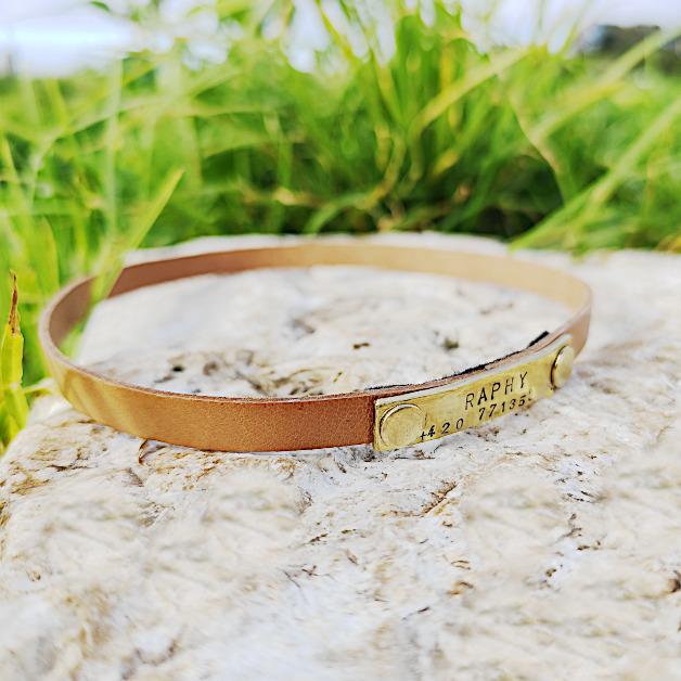 Personalized Leather Dog House Collar with Brass ID Nameplate Slim 10mm Indoor Pet Non-Adjustable Red/Black/Mustard Collar