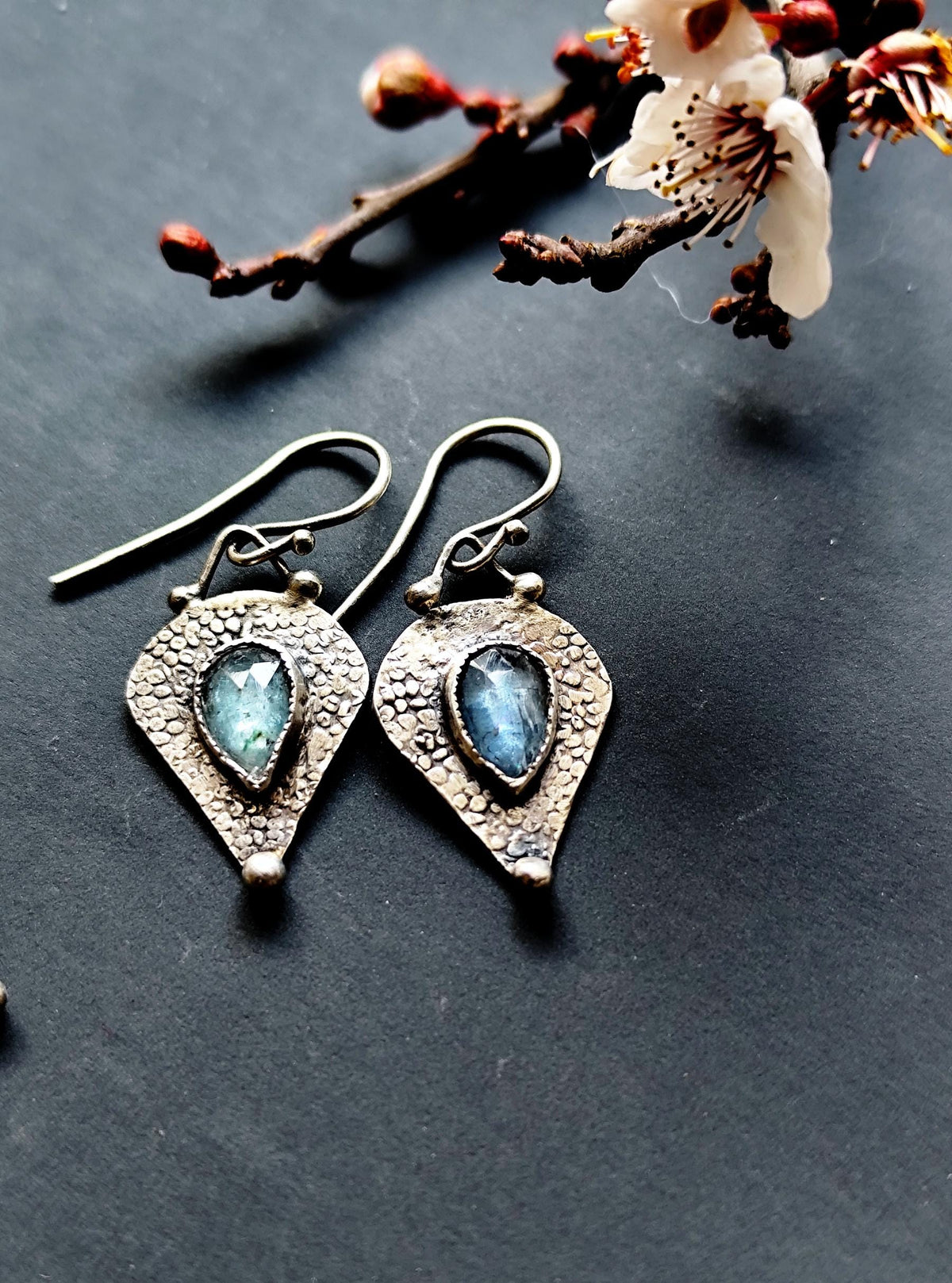 Rustic Blue Kyanite Drop Earrings with Textured Plate