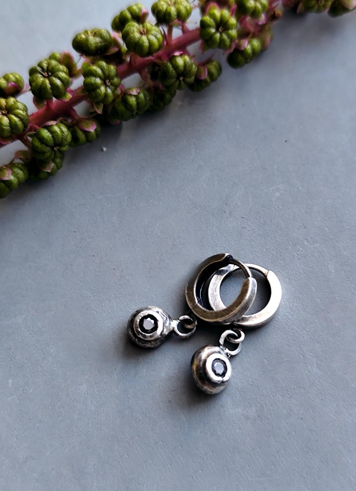 Small Rustic Hoop Earrings with Black Moissanite Charm