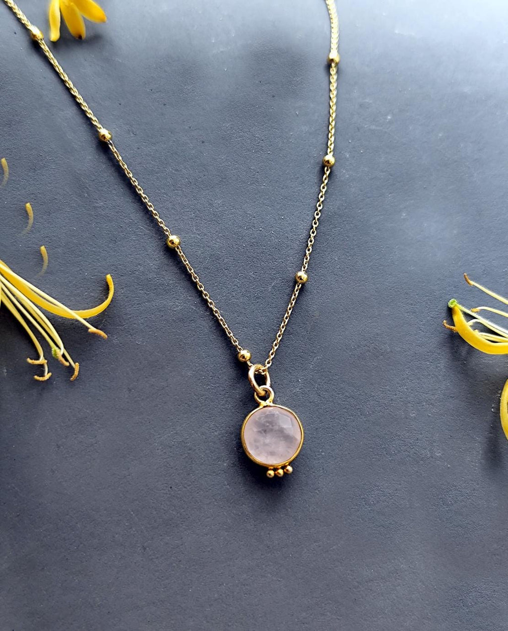 Dainty Rose Quartz Charm Necklace Gold Plated Sterling Silver