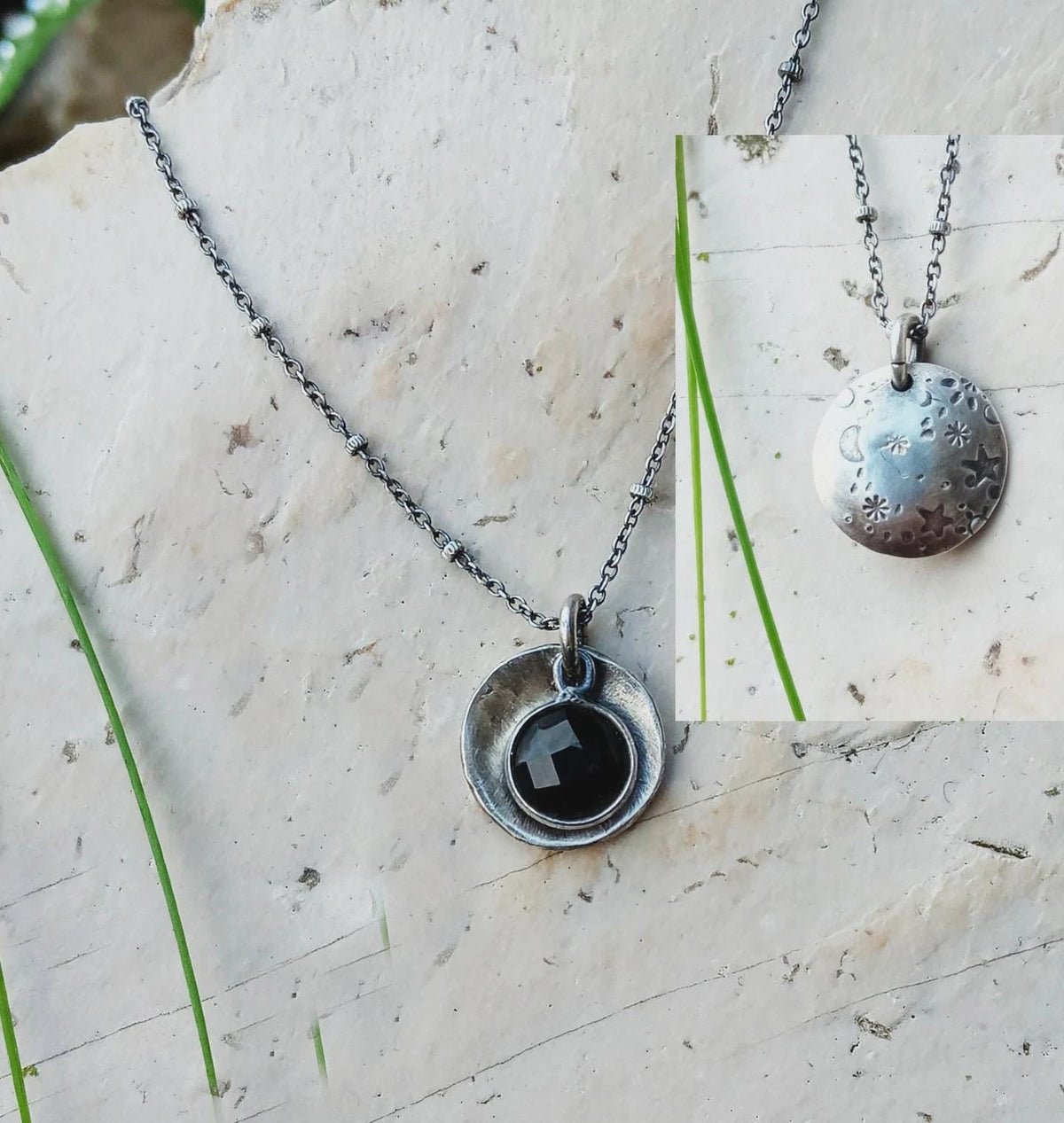 Starry Night Pendant with Crystal Quartz in Sterling Silver - Double Sided 2 Pieces Pendant with Dainty Chain Necklace