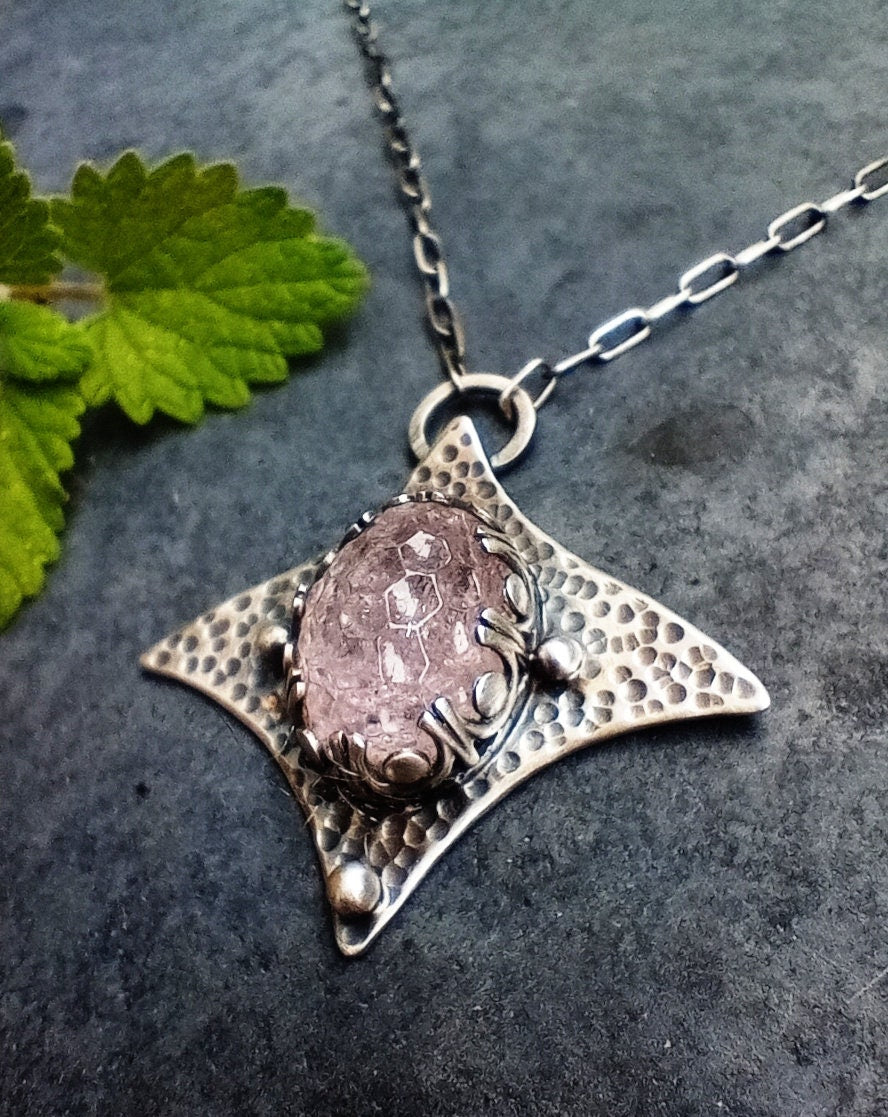 Carved Rose Quartz Statement Necklace in Textured Silver, Light Pink Gemstone Necklace, Silver Manta Necklace Genuine