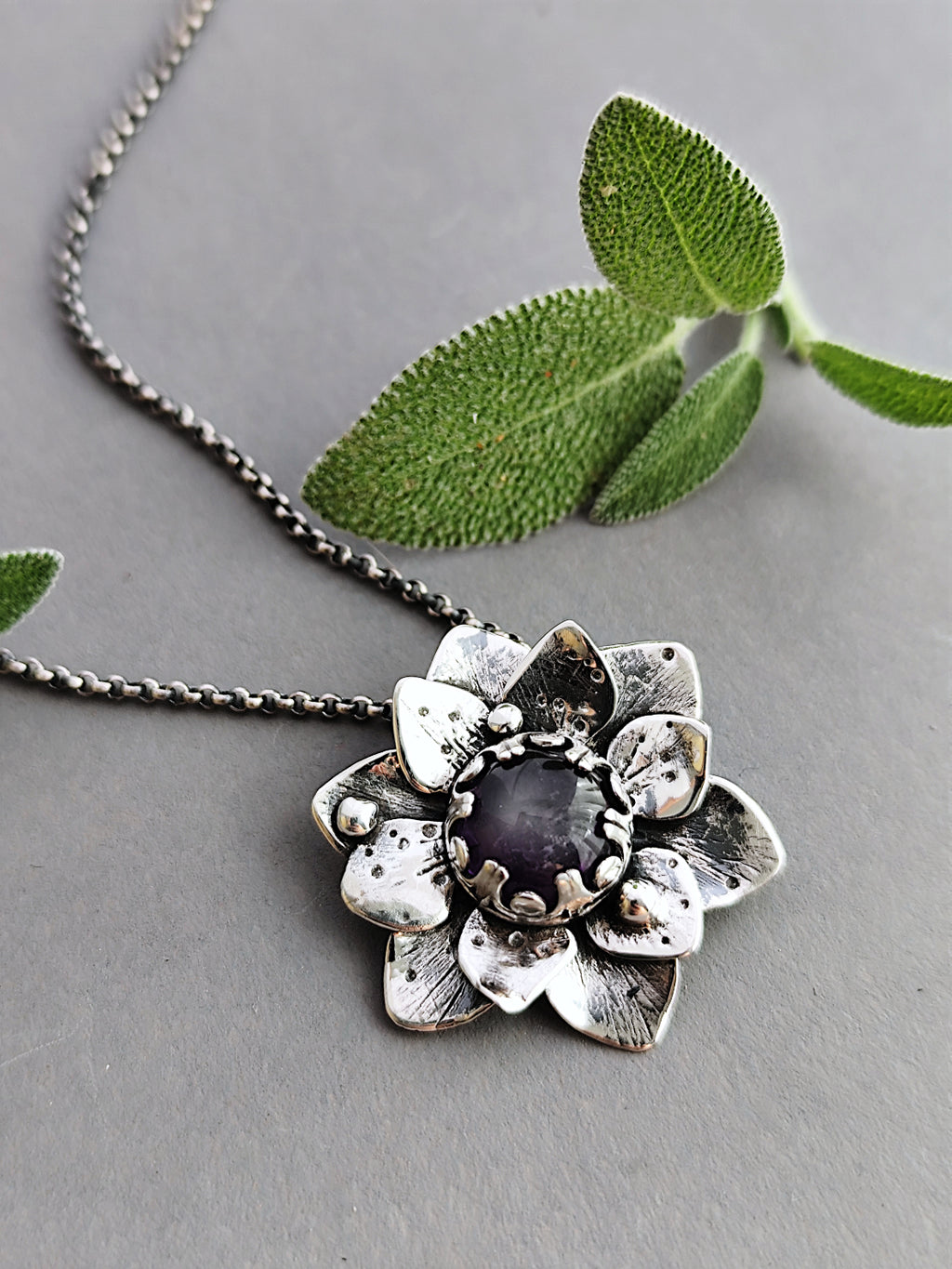 Statement Floral Necklace with Amethyst in Silver - Unique Artisan Flower Pendnat