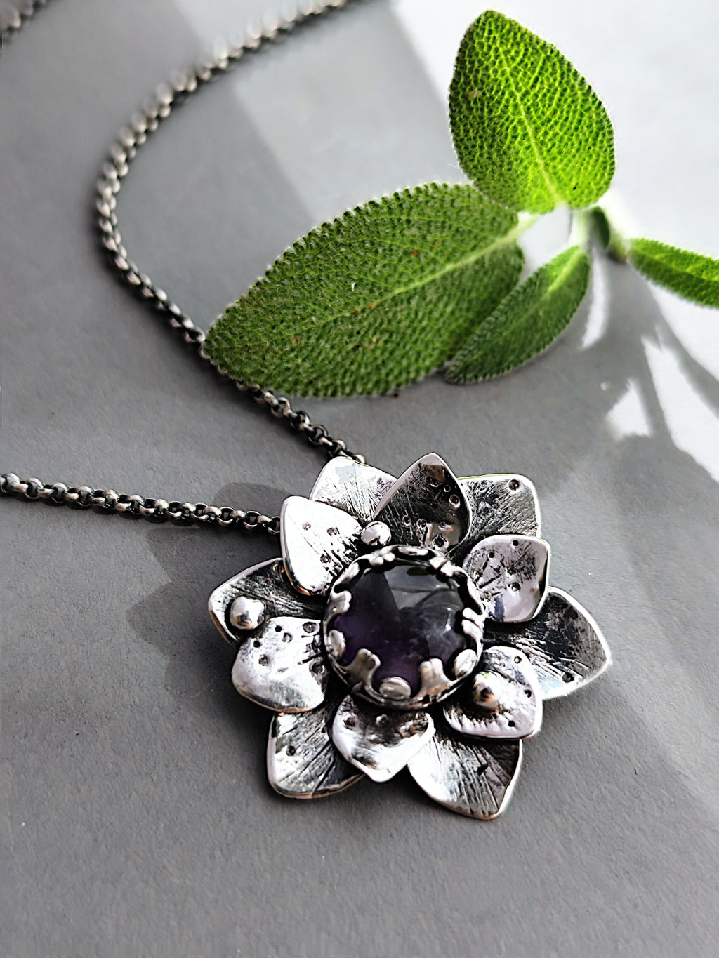 Statement Floral Necklace with Amethyst in Silver - Unique Artisan Flower Pendnat
