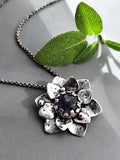 Statement Floral Necklace with Amethyst in Silver - Unique Artisan Flower Pendnat