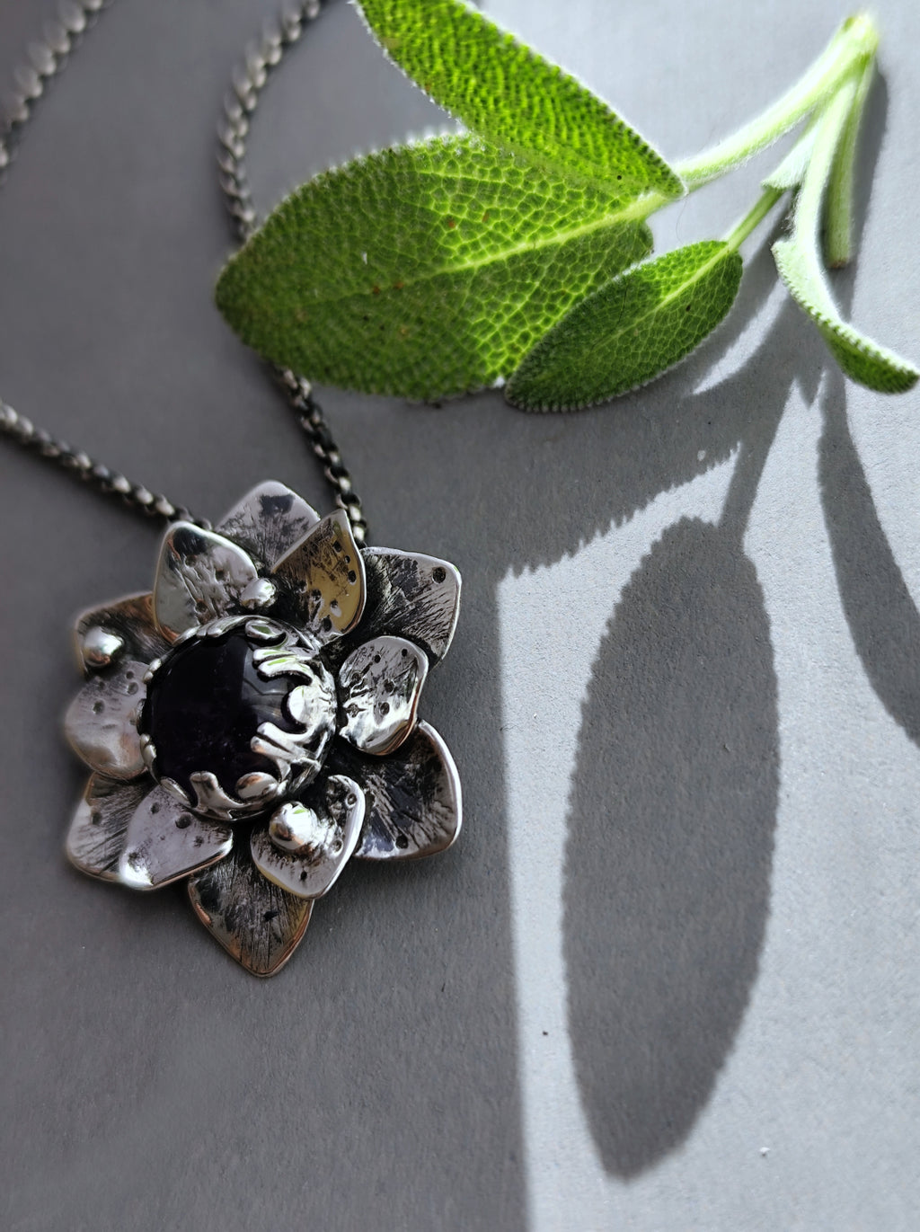 Statement Floral Necklace with Amethyst in Silver - Unique Artisan Flower Pendnat