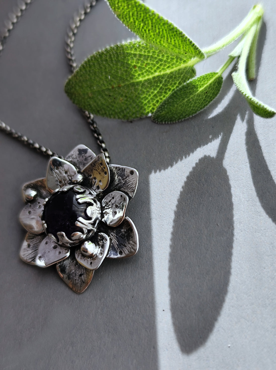 Statement Floral Necklace with Amethyst in Silver - Unique Artisan Flower Pendnat