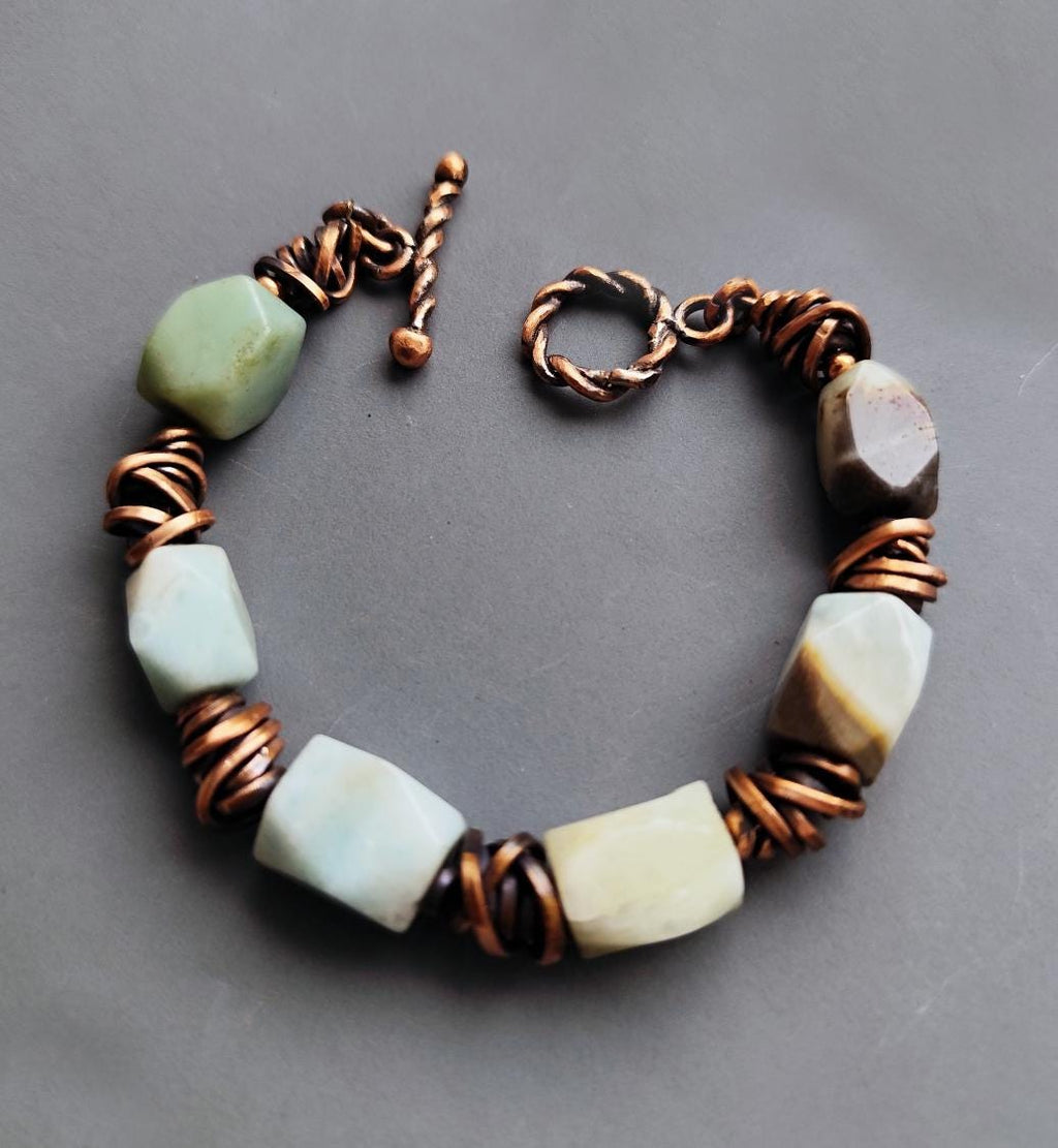 Chunky Amazonite Bracelet Wire Wrapped Rustic Copper Details