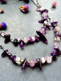 Silver Amethyst and Fluorite Bar Necklace with Oxidized Silver Chain - Vol. II