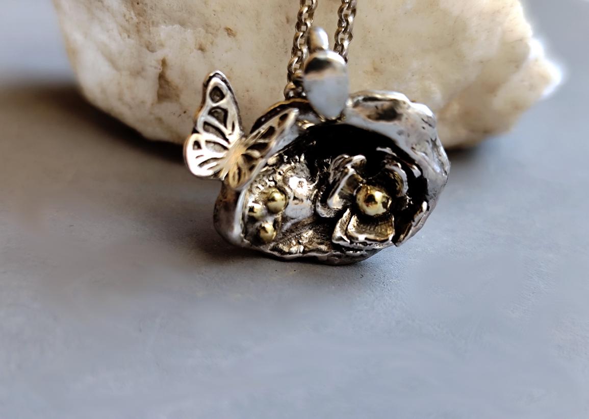 Water Cast Silver Pendant with Butterfly and Flower Cave, Unique Silver Amulet, Organic Pendant Necklace in Sterling Silver, Gift for Her